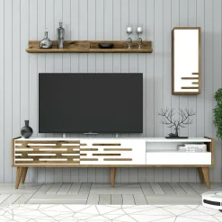 Porta TV bianco e noce 180x45x35h cm 3 ante - Upana
