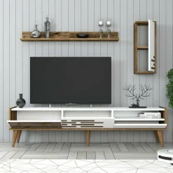 Porta TV bianco e noce 180x45x35h cm 3 ante - Upana