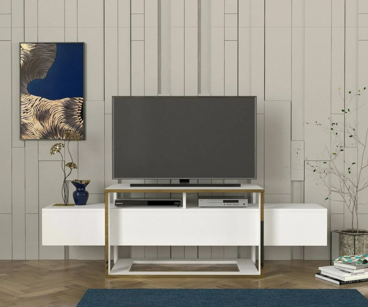 Porta TV bianco e oro 160x46x49h cm in legno - Jo