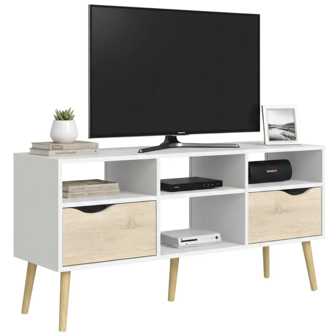 Porta TV bianco e quercia 117x39x57h cm in legno - Aliani