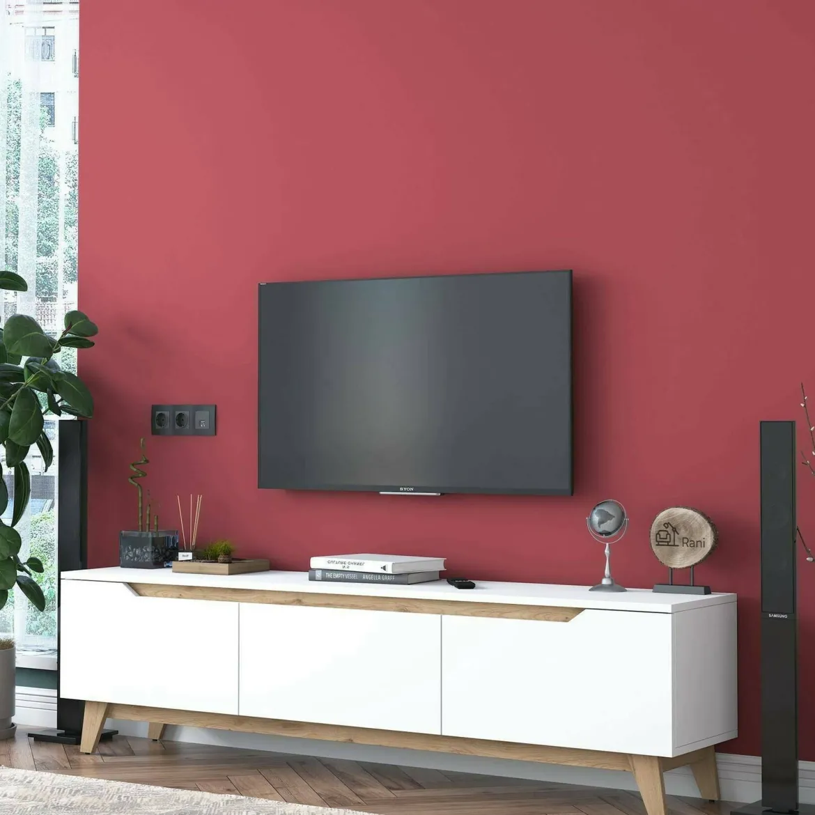 Porta TV bianco e rovere 180x35x48h cm 3 ante - Apatite