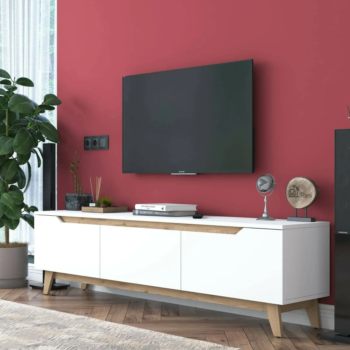 Porta TV bianco e rovere 180x35x48h cm 3 ante - Apatite