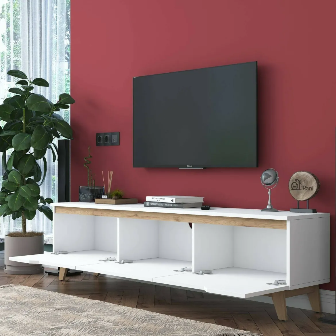 Porta TV bianco e rovere 180x35x48h cm 3 ante - Apatite