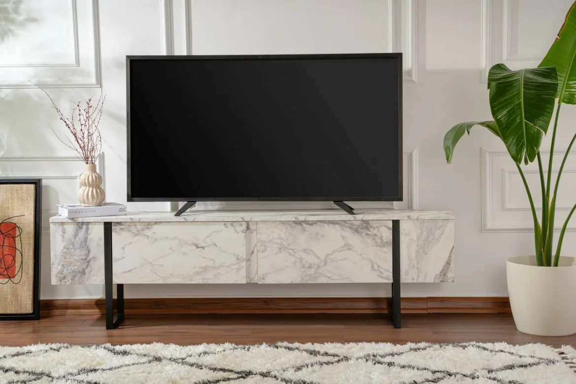 Porta TV marmo e nero 180x29x50h cm 2 ante - Lilith