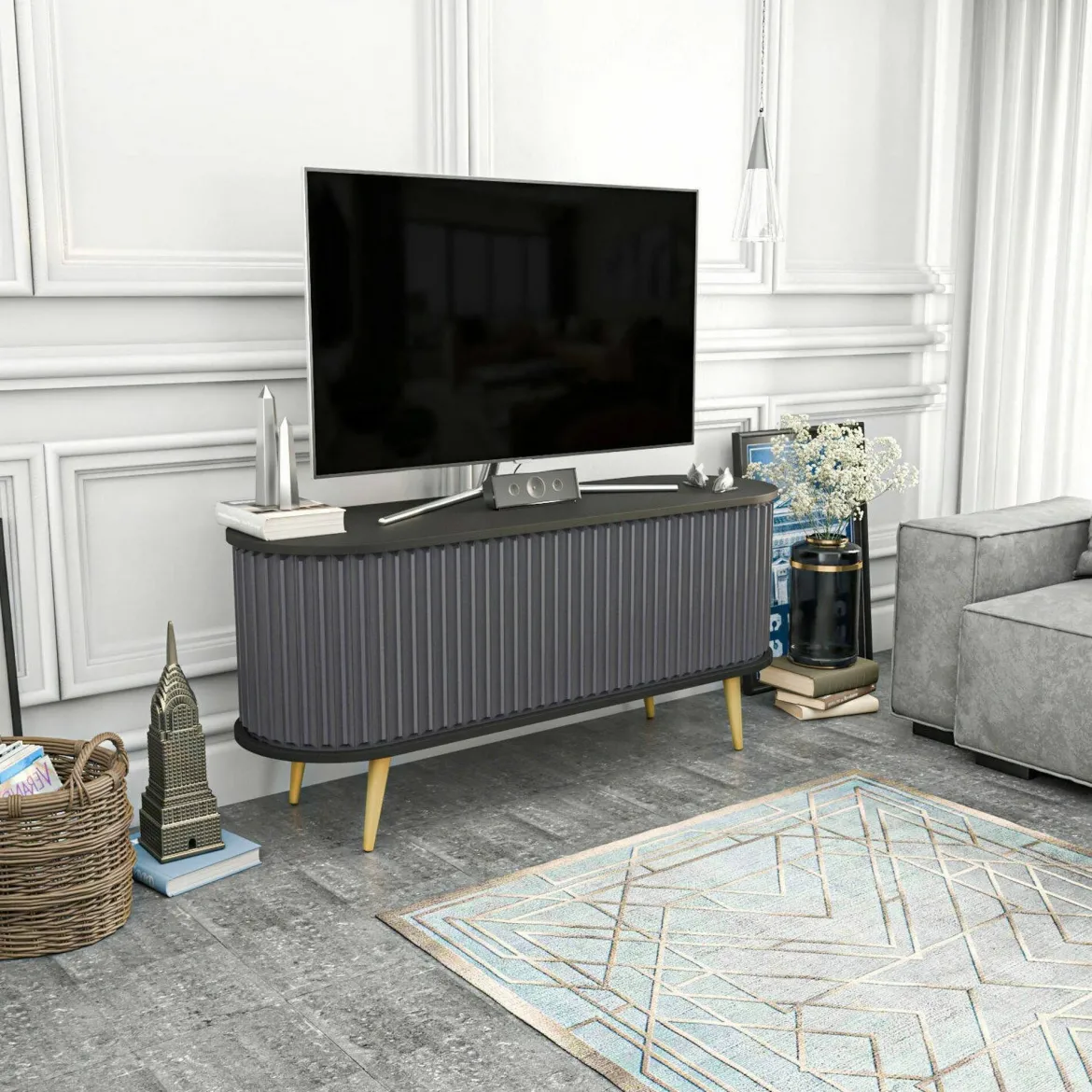Porta TV nero e antracite 140x43x64h cm 2 ante - Bailu