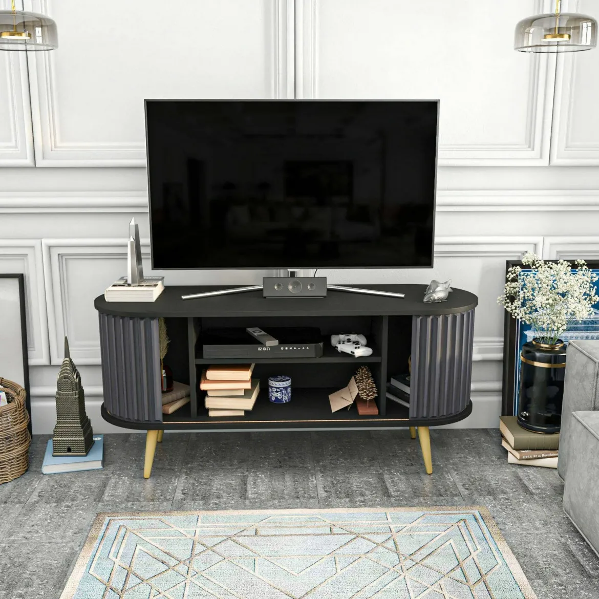 Porta TV nero e antracite 140x43x64h cm 2 ante - Bailu