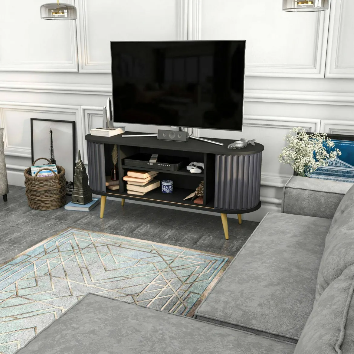 Porta TV nero e antracite 140x43x64h cm 2 ante - Bailu