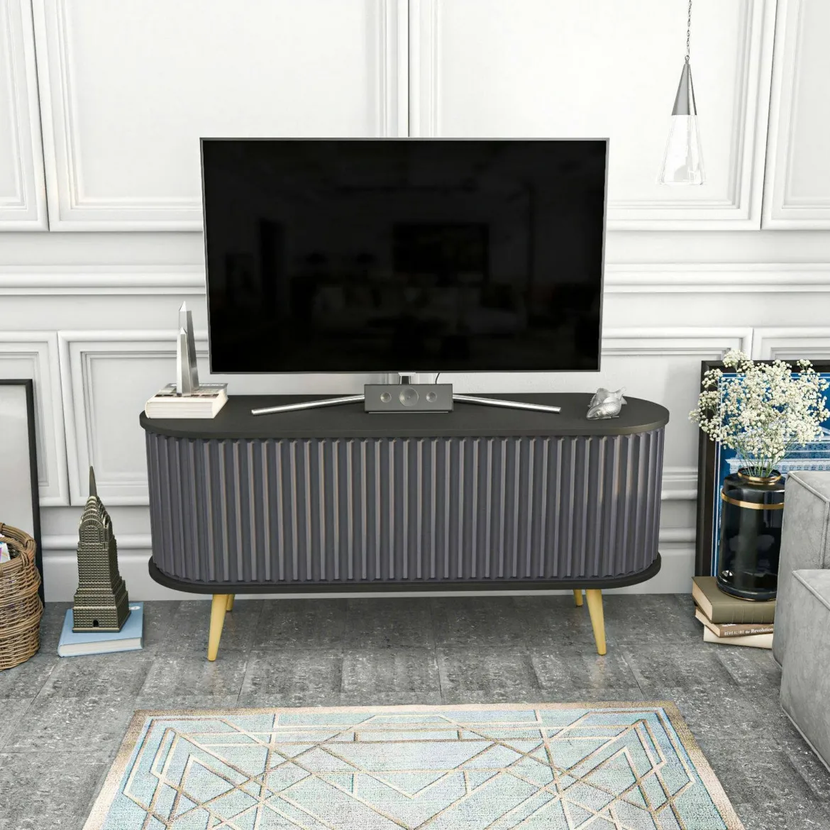 Porta TV nero e antracite 140x43x64h cm 2 ante - Bailu