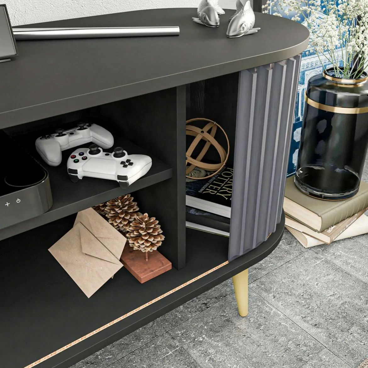 Porta TV nero e antracite 140x43x64h cm 2 ante - Bailu