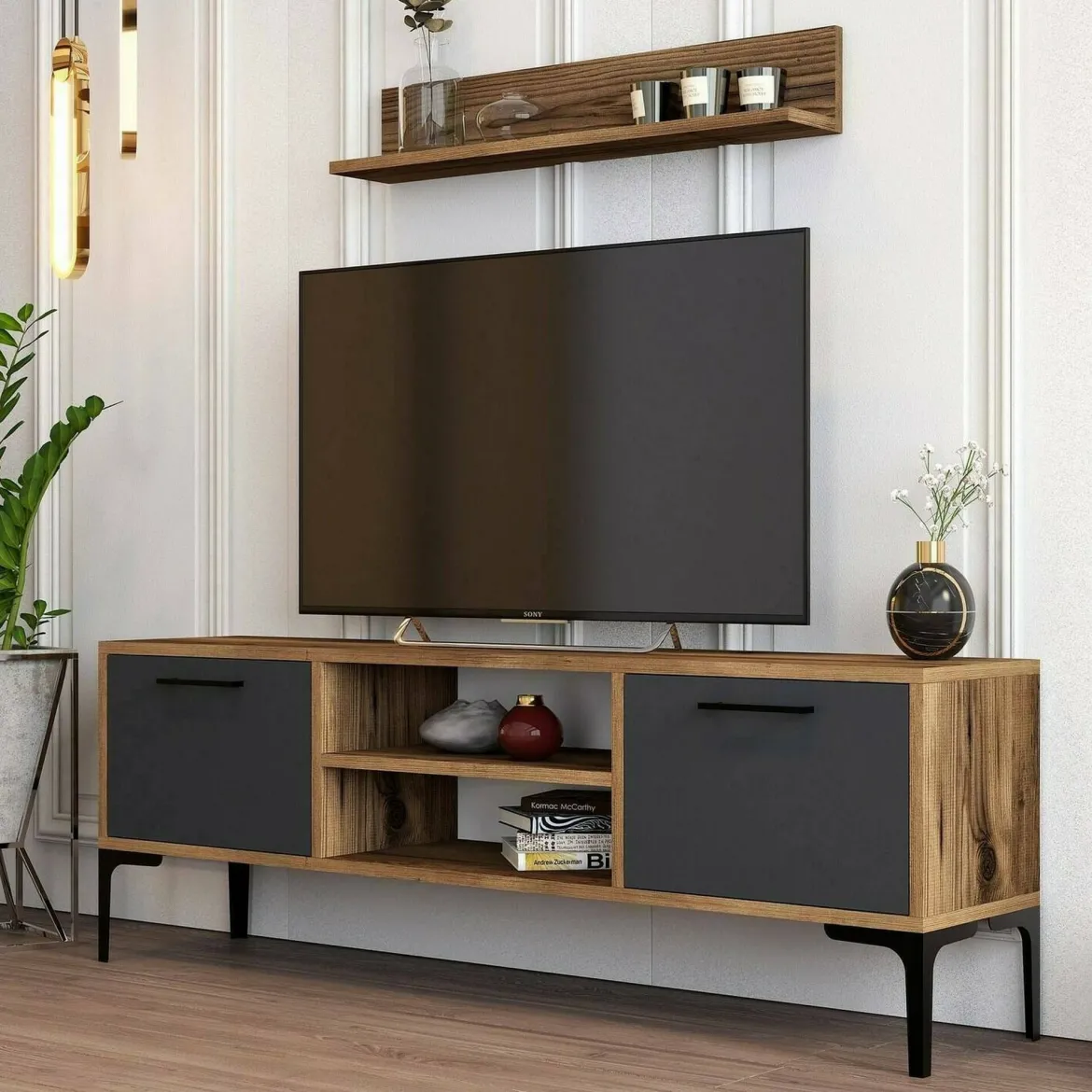 Porta TV noce e antracite 140x45x35h cm 2 ante - Arsiero