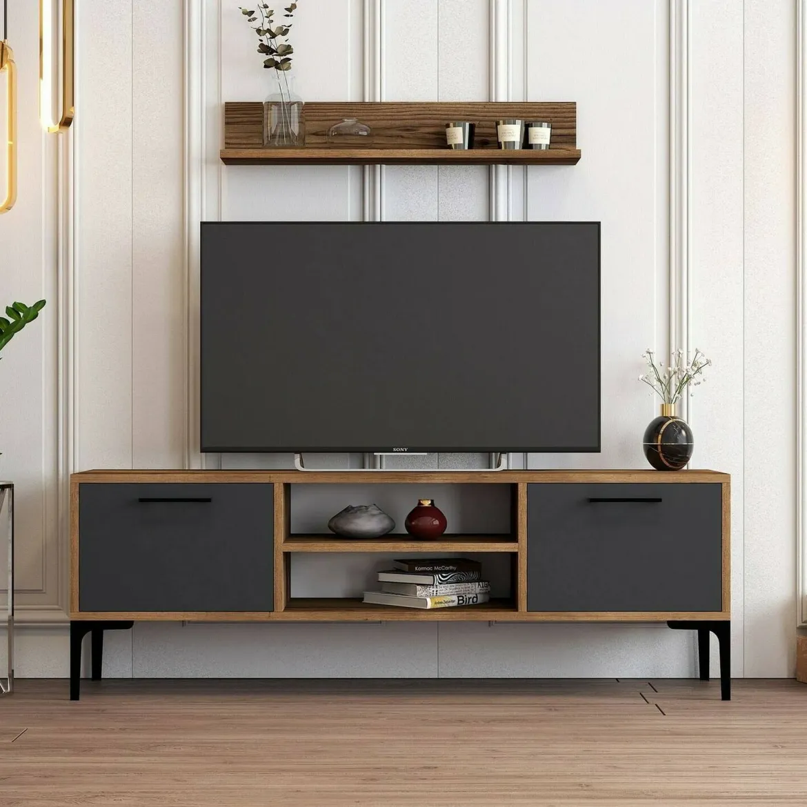 Porta TV noce e antracite 140x45x35h cm 2 ante - Arsiero