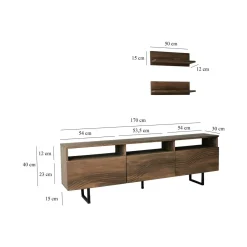 Porta TV noce 170x30x40h cm 3 ante legno massello - Ulana
