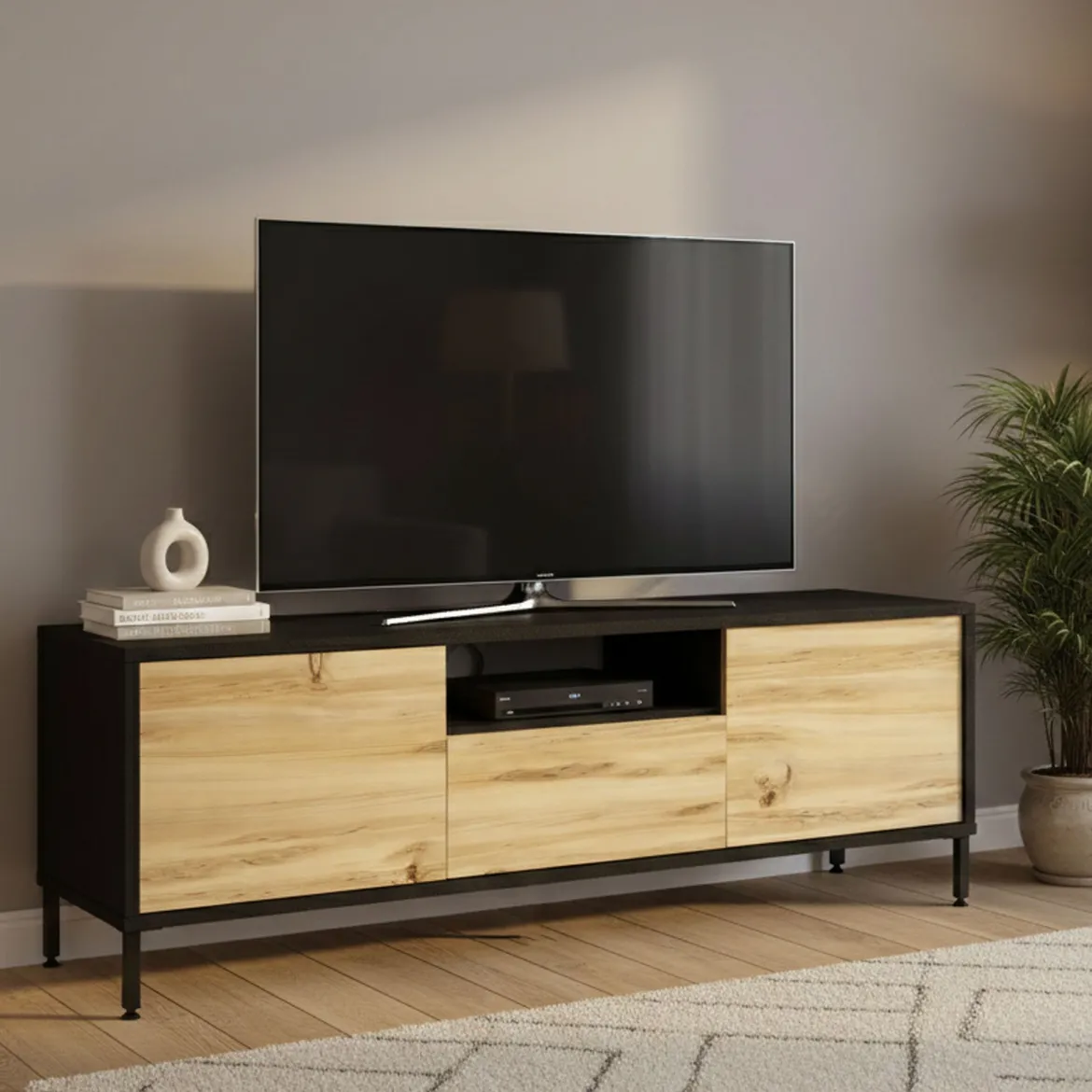 Porta TV quercia e nero 140x35x46h cm 3 ante - Khagan