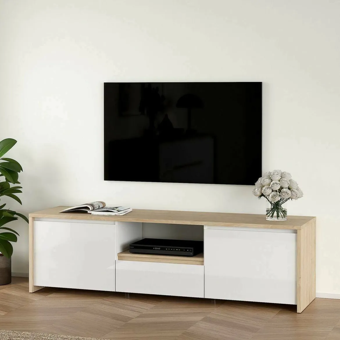 Porta TV rovere e bianco lucido 204x42x48h cm modulabile - Animeli