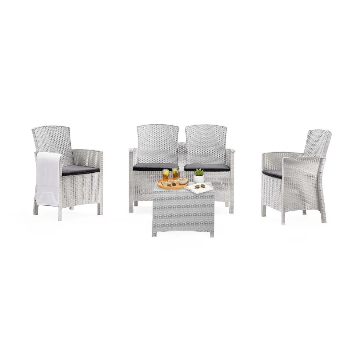 Salotto da esterno 4 poltrone e 1 divano con tavolino contenitore bianco - Asiak