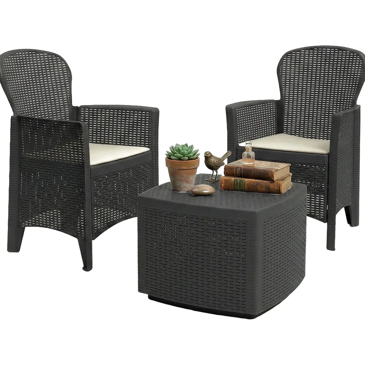 Salotto da esterno 2 poltrone 1 tavolino contenitore antracite - Anny