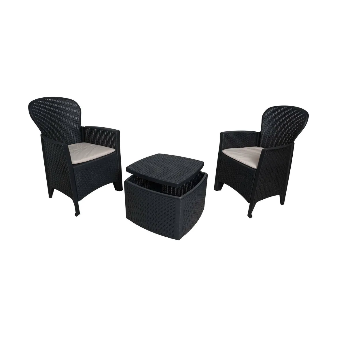 Salotto da esterno 2 poltrone 1 tavolino contenitore antracite - Anny