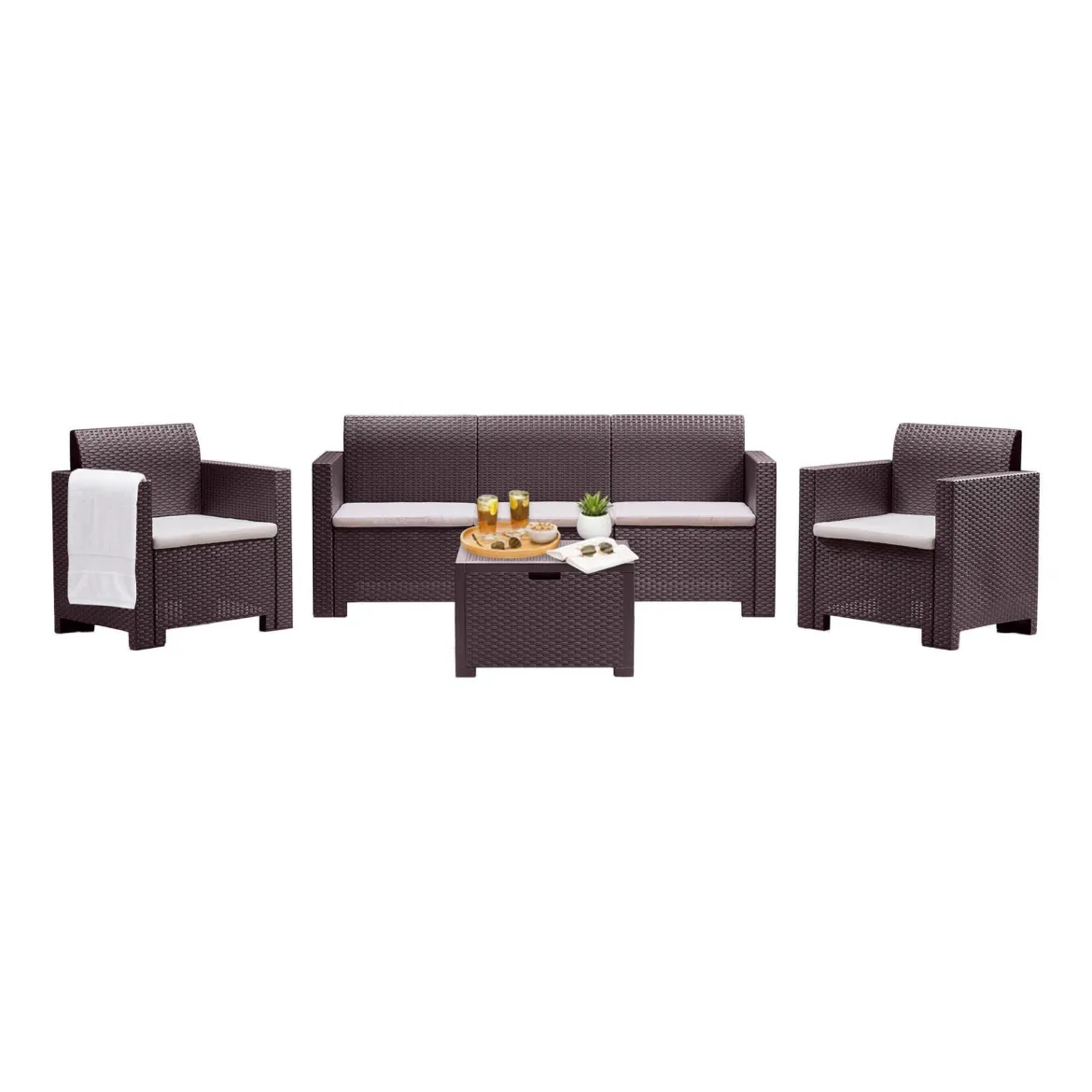 Salotto da esterno 5 posti e 1 tavolo effetto rattan marrone - Admiral