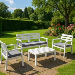 Salotto da giardino panche e tavolo effetto doghe bianco - Arti
