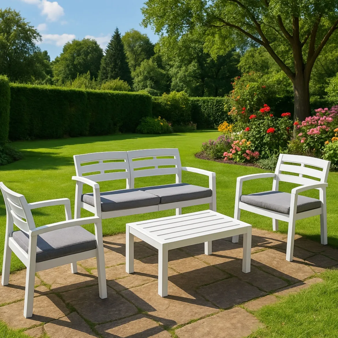 Salotto da giardino panche e tavolo effetto doghe bianco - Arti