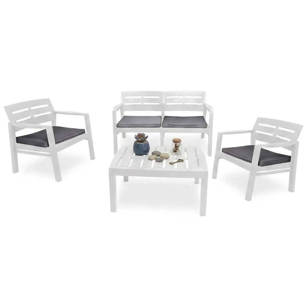 Salotto da giardino panche e tavolo effetto doghe bianco - Arti