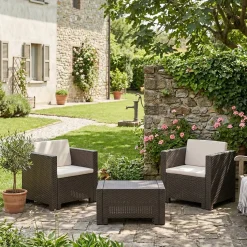 Salotto da giardino 2 posti e 1 tavolo effetto rattan marrone - Camini