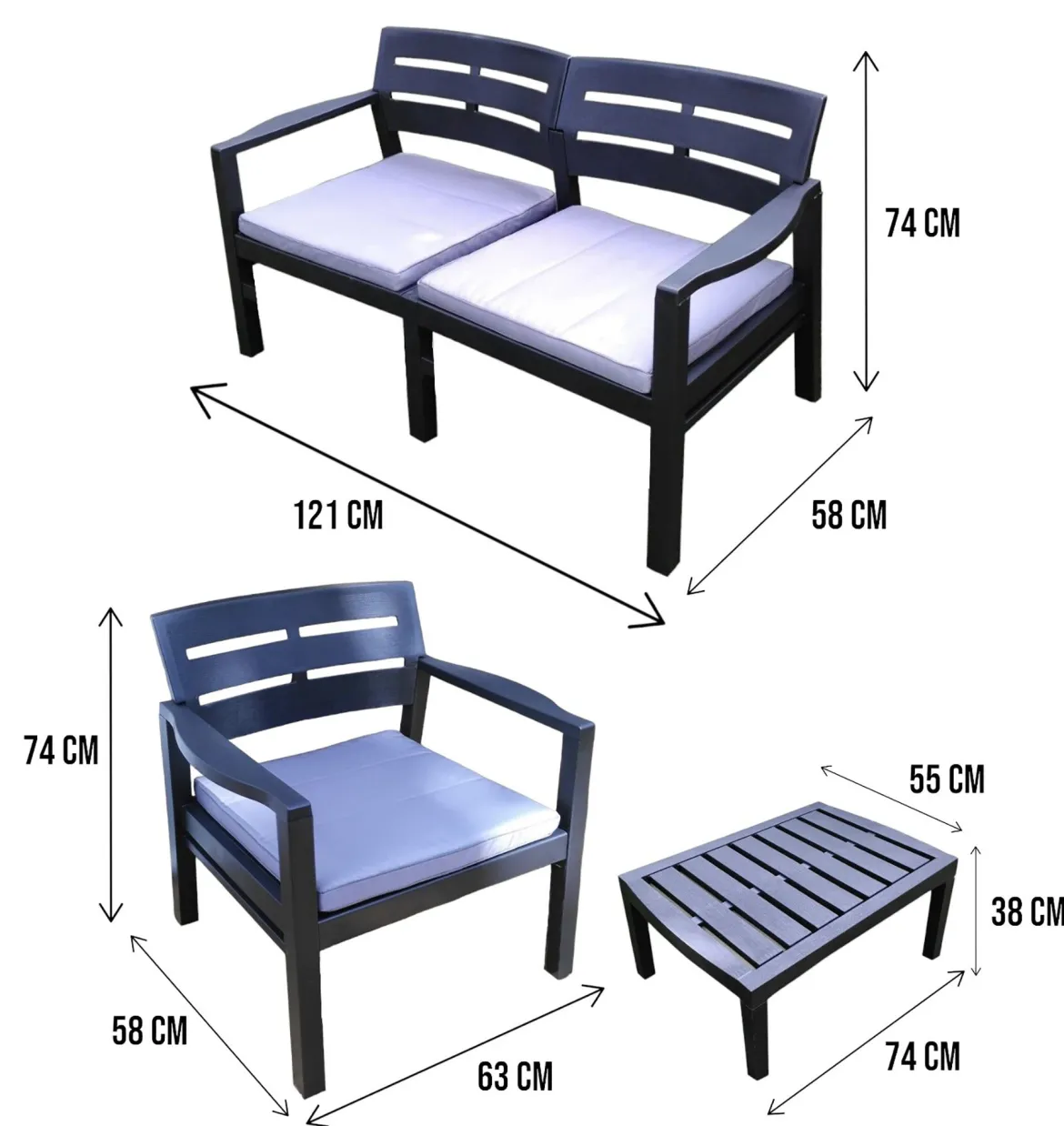 Salotto da giardino 4 posti e 1 tavolo antracite - Camisano