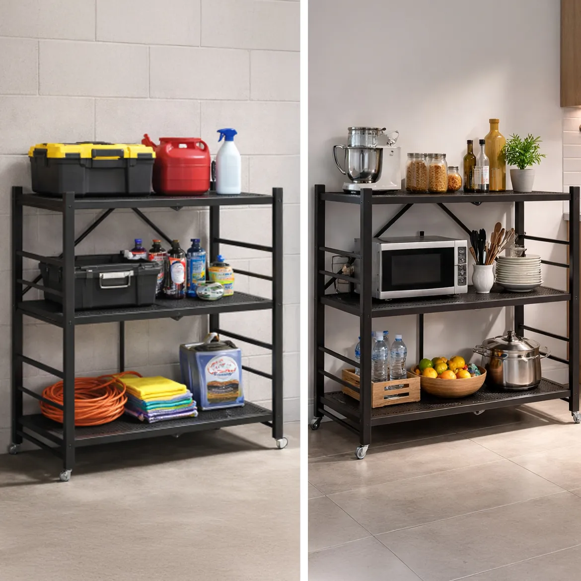 Scaffali Nero Antracite 3 Ripiani Ruote 71x38x87h cm, Richiudibile - Cossato