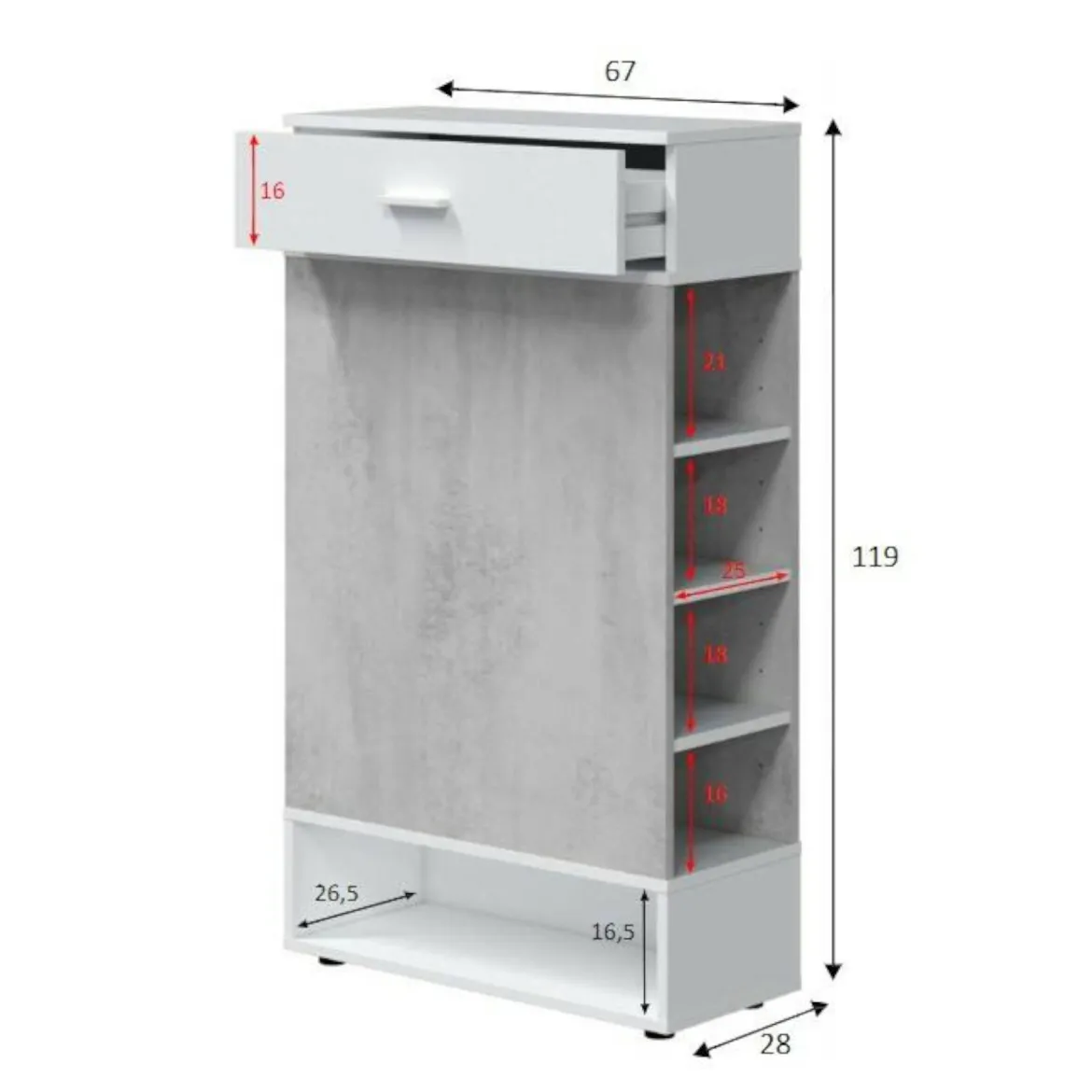 Scarpiera aperta con 1 cassetto cemento e bianca 67x119h cm - Idea