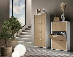 Scarpiera Bianco Beige un Ripiano 24 Paia 67x28x147h cm, 4 Vani - Pienza