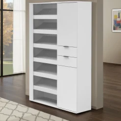 Scarpiera Bianco Lucido 2 Cassetti 8 Ripiani 120x35x178h cm, 28 Paia - Rotondo