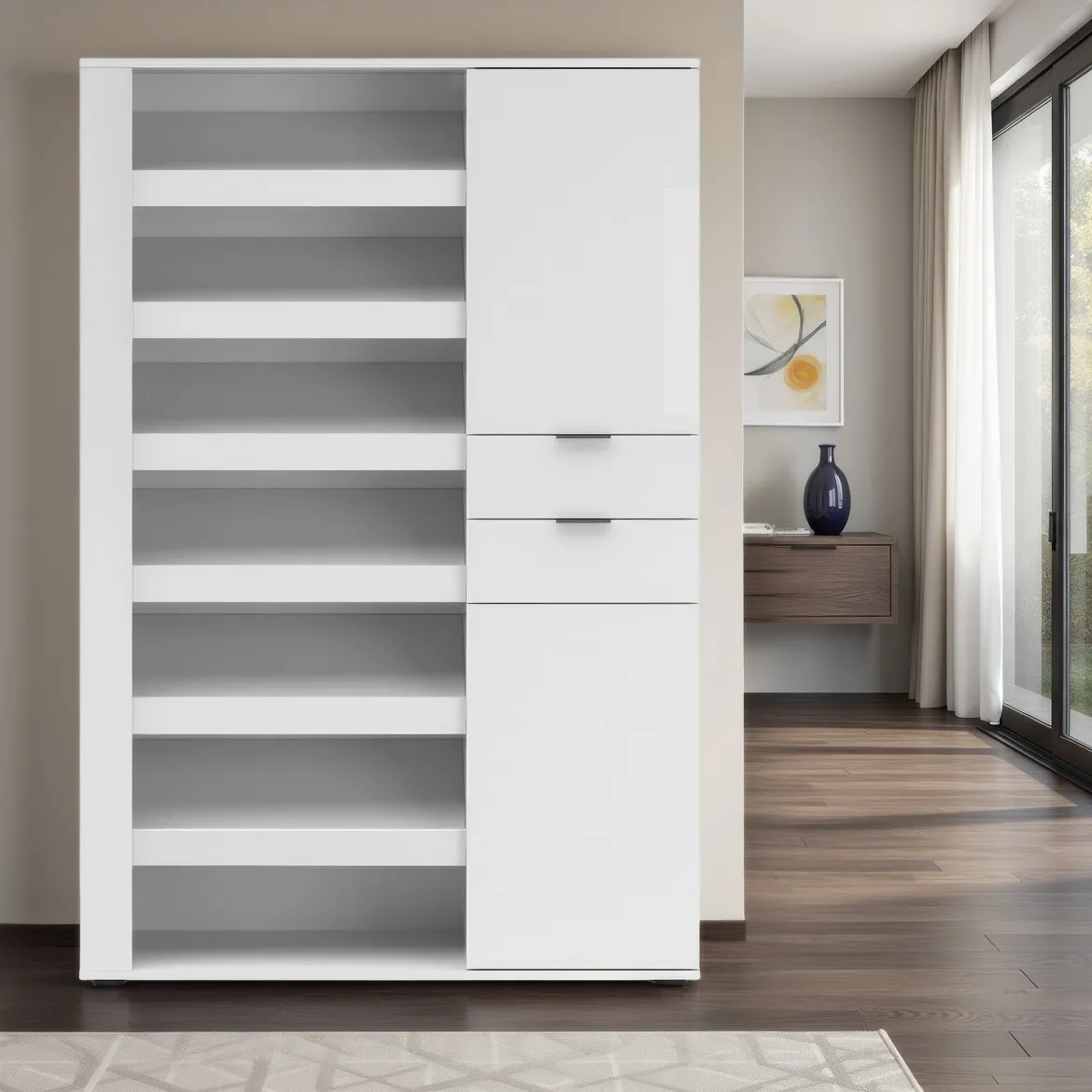 Scarpiera Bianco Lucido 2 Cassetti 8 Ripiani 120x35x178h cm, 28 Paia - Rotondo