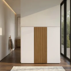 Scarpiera Bianco Lucido Marrone Rovere 10 Ripiani 24 Paia 120x34x115h cm, 3 Ante - Palasio