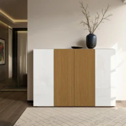 Scarpiera Bianco Lucido Marrone Rovere 21 Paia 22 Ripiani 80x34x115h cm, 24 Vani Made in Italy - Lentiai
