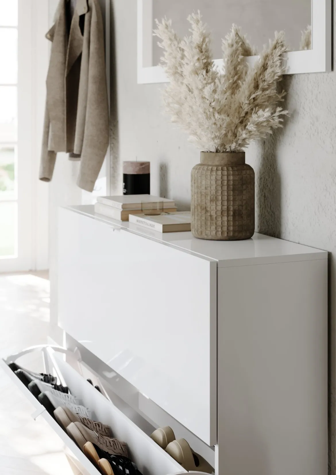 Scarpiera Bianco Lucido 20 Paia 2 Ante 110x25x75h cm, Anta a Ribalta - Lovero