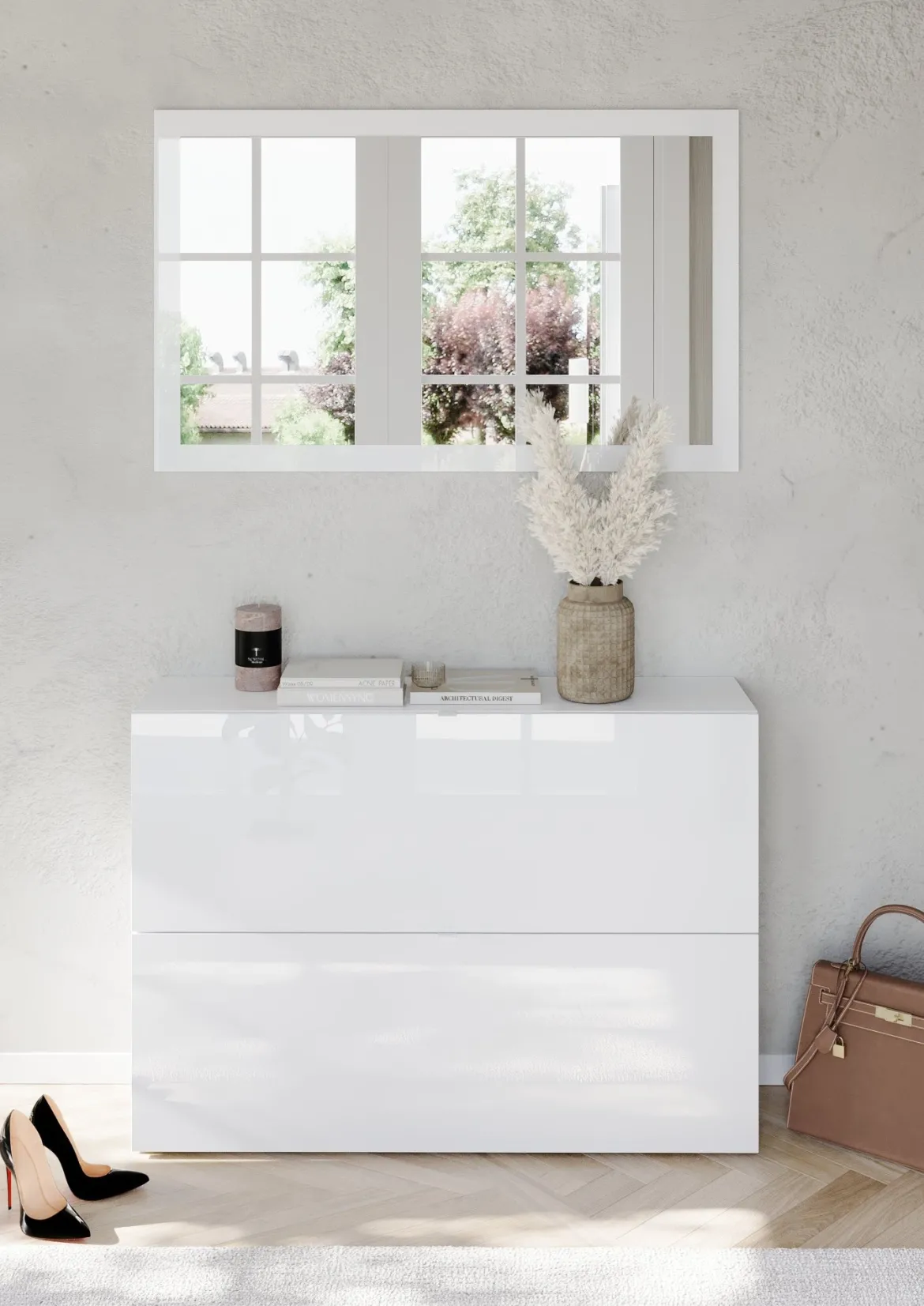 Scarpiera Bianco Lucido 20 Paia 2 Ante 110x25x75h cm, Anta a Ribalta - Lovero