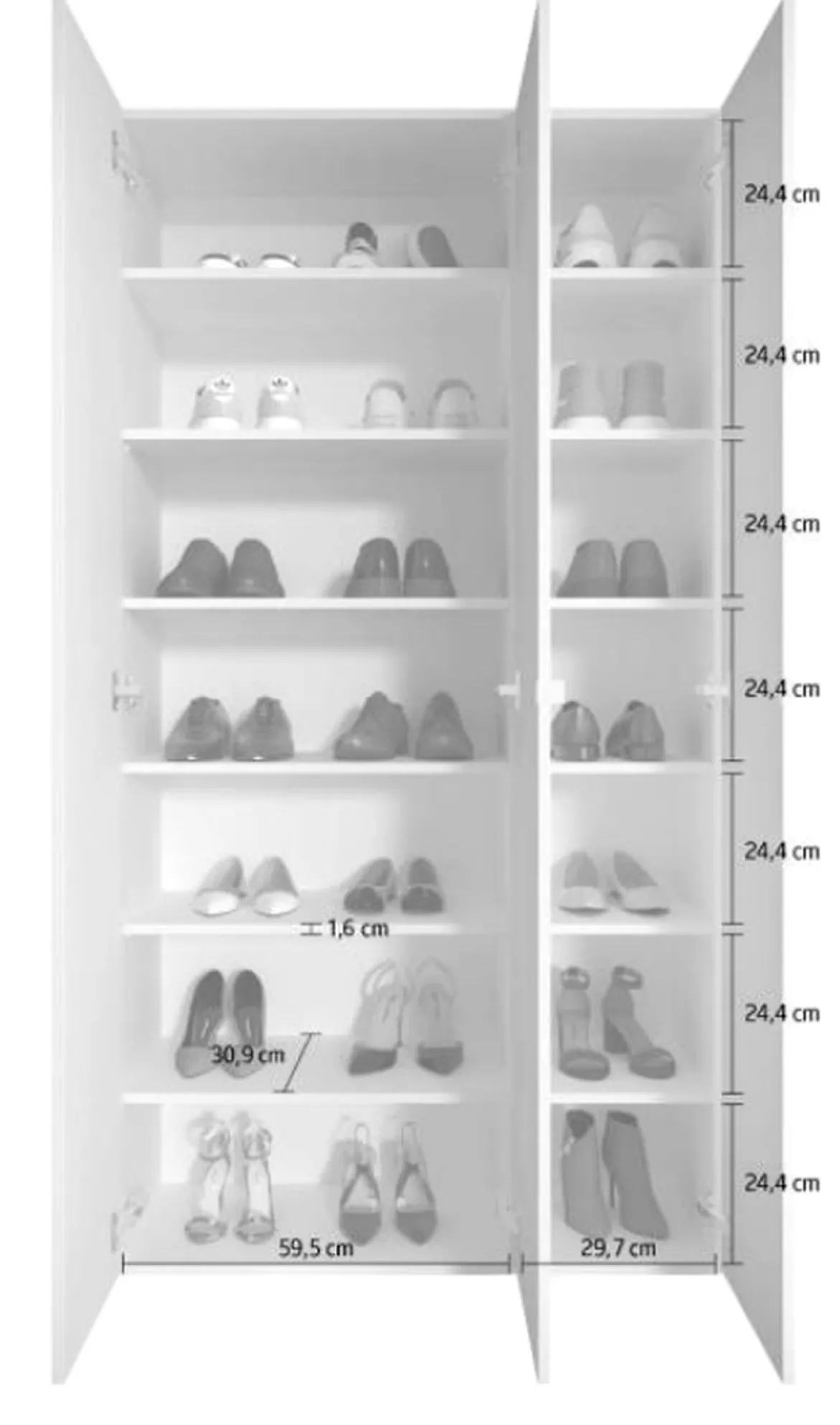 Scarpiera Bianco Lucido 12 Ripiani 28 Paia 95x35x186h cm, 14 Vani - Pertiche