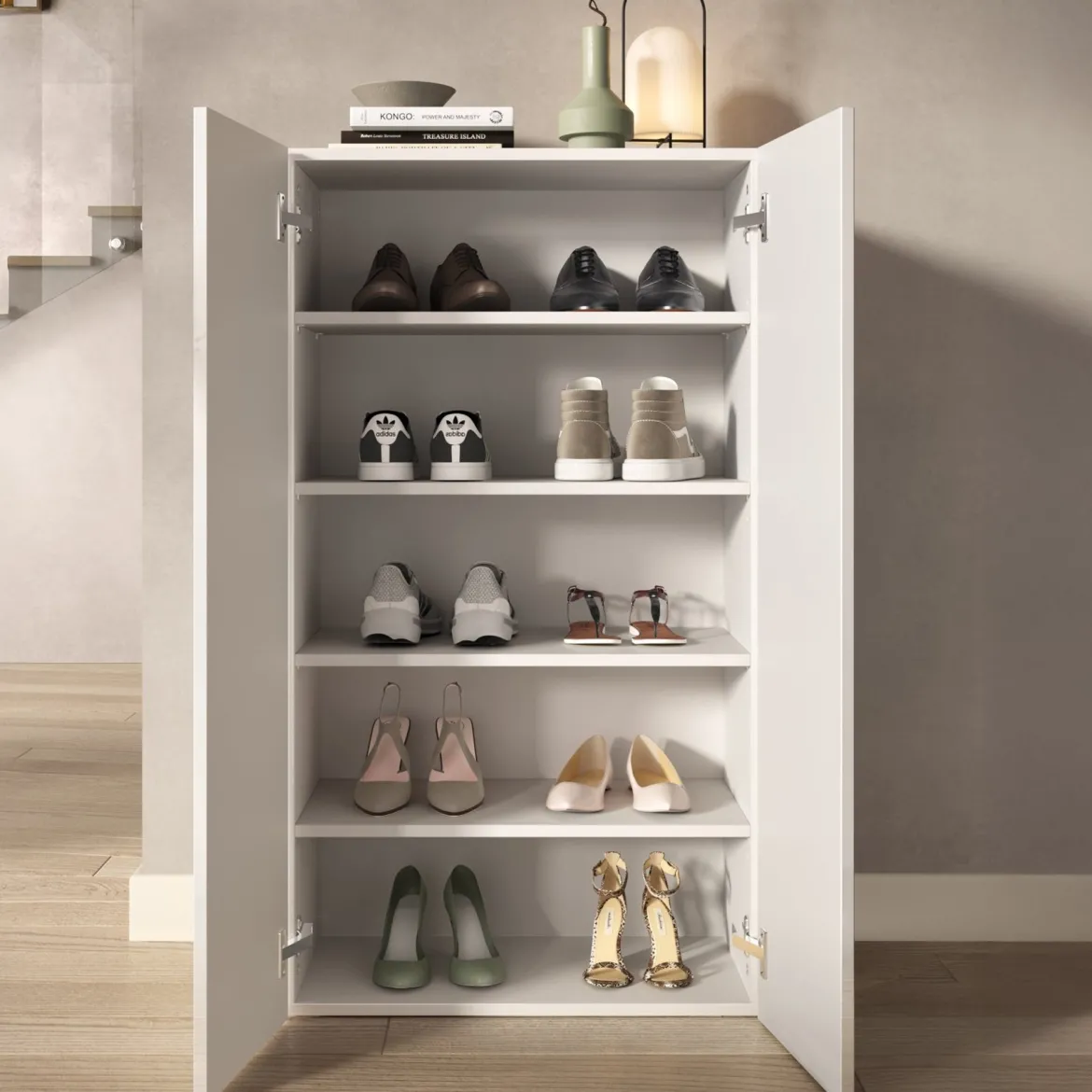 Scarpiera Bianco Lucido 5 Ripiani 20 Paia 72.5x36x86h cm, 6 Vani - Angitola