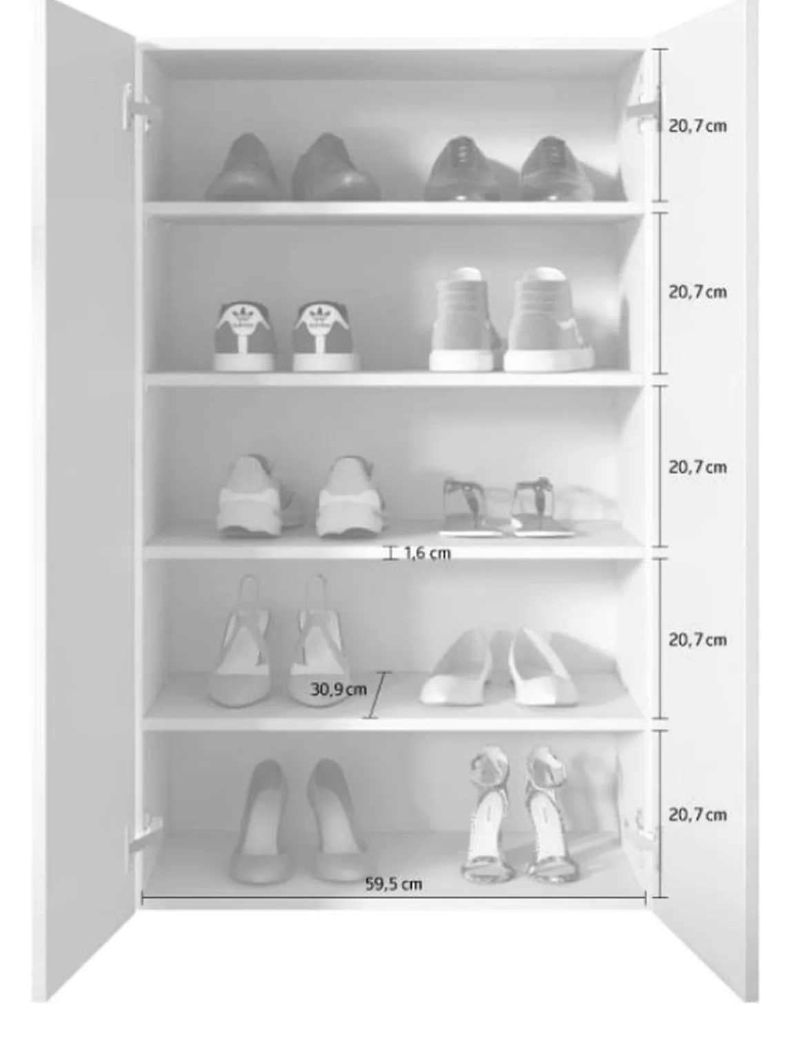 Scarpiera Bianco Lucido 5 Ripiani 20 Paia 72.5x36x86h cm, 6 Vani - Angitola