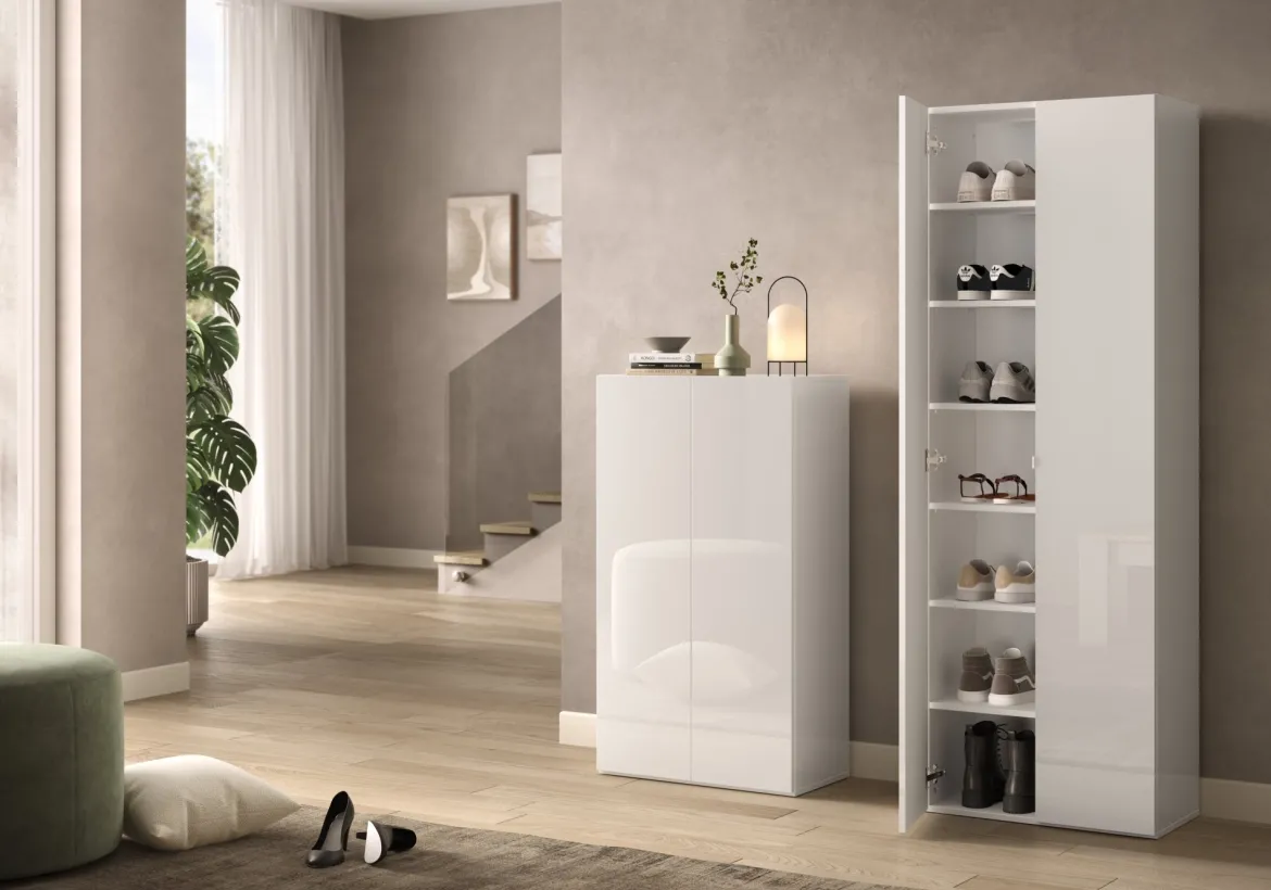 Scarpiera Bianco Lucido 5 Ripiani 20 Paia 72.5x36x86h cm, 6 Vani - Angitola