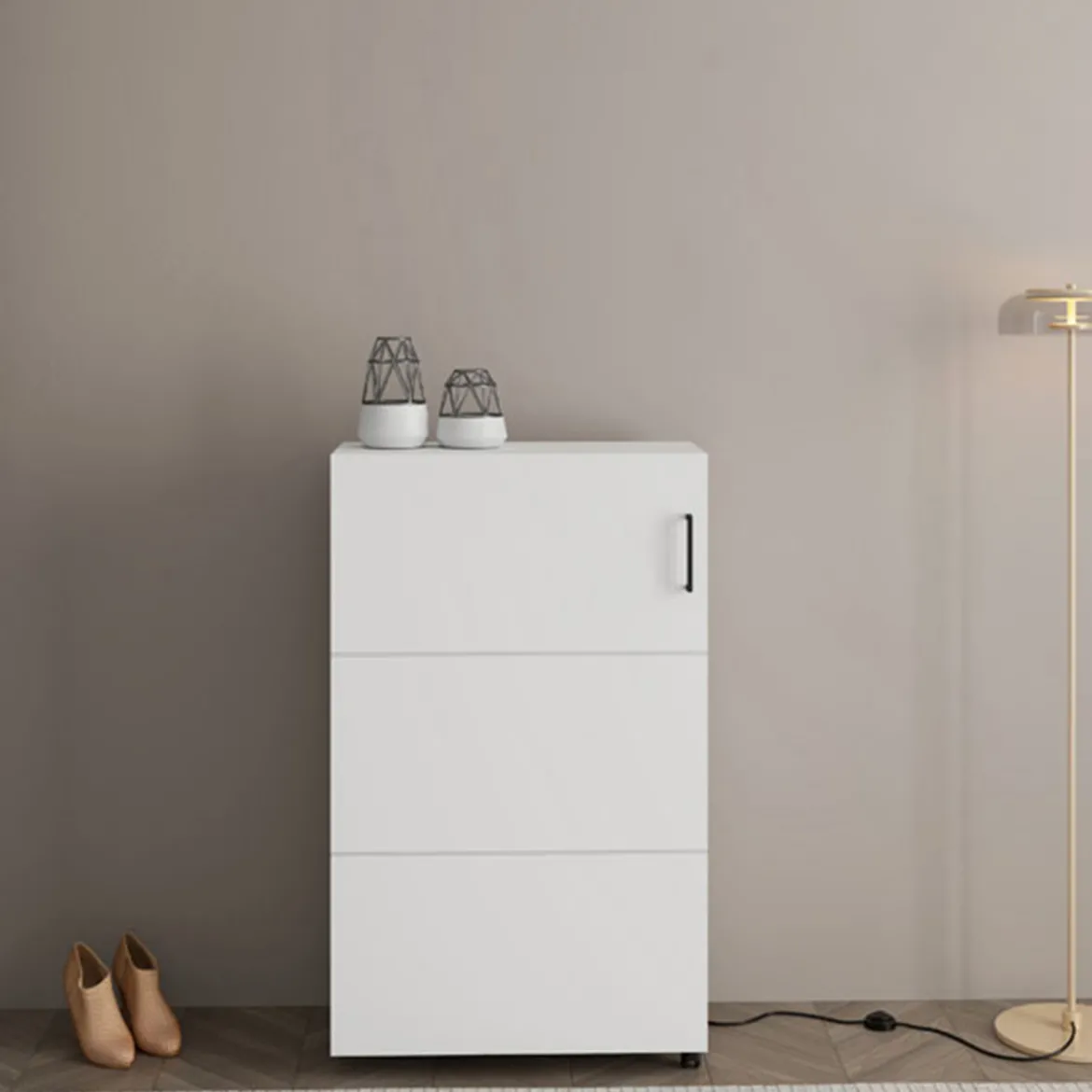 Scarpiera Bianco Opaco Nero 6 Ripiani Un'anta 68x33x113h cm, Ante con Doppia Capienza, Apertura con Ruote - Porvoo