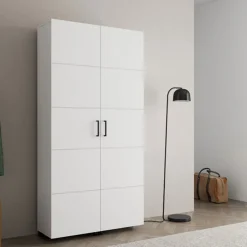 Scarpiera Bianco Opaco 15 Ripiani 2 Ante 92x33x185h cm, Ante con Doppia Capienza, Apertura con Ruote - Bled