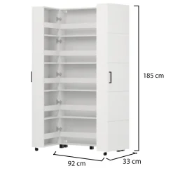 Scarpiera Bianco Opaco 15 Ripiani 2 Ante 92x33x185h cm, Ante con Doppia Capienza, Apertura con Ruote - Bled