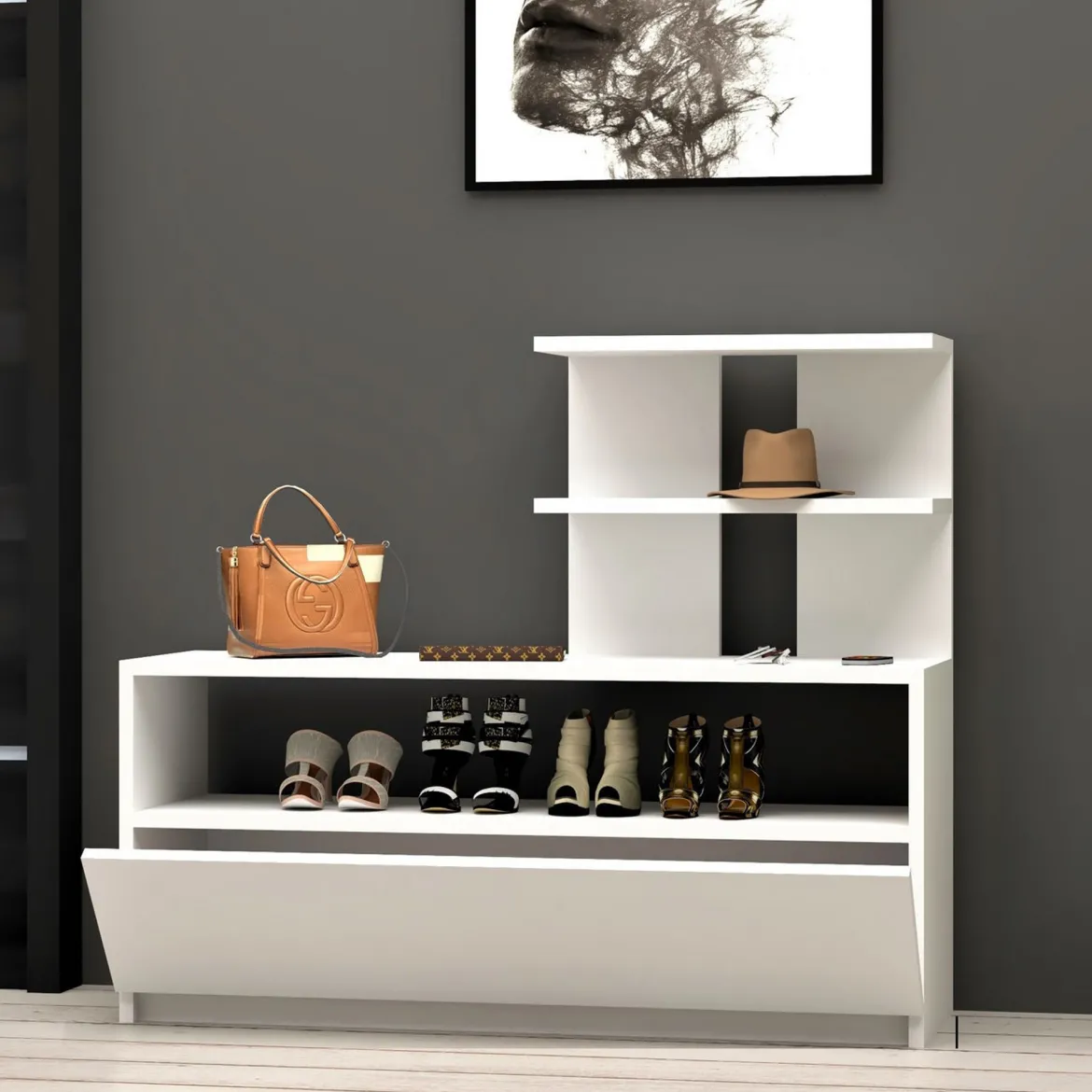 Scarpiera Bianco 4 Ripiani 12 Paia 100x30x85h cm, Un'anta - Sinni