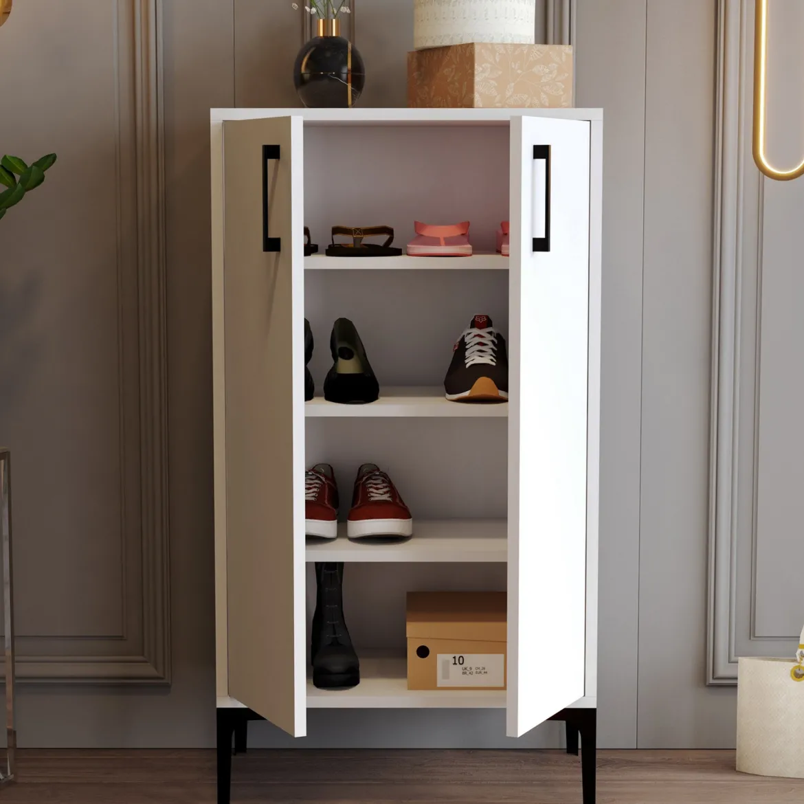 Scarpiera Bianco 4 Ripiani 8 Paia 60x35x111h cm, 2 Ante - Cavalieri