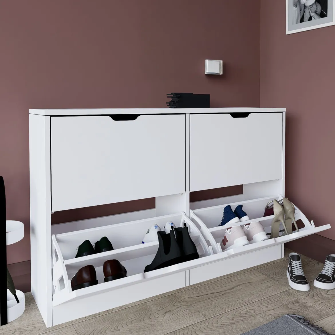 Scarpiera Bianco 8 Ripiani 24 Paia 121x30x79h cm, 4 Ante - Greccio