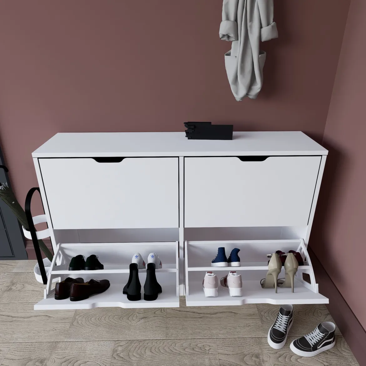 Scarpiera Bianco 8 Ripiani 24 Paia 121x30x79h cm, 4 Ante - Greccio