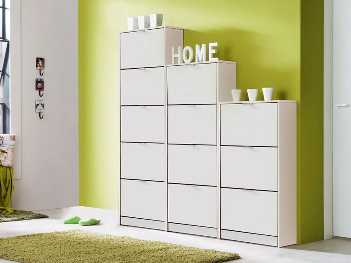 Scarpiera Bianco un Ripiano 4 Ante 58x18x155.5h cm, kit Fissaggio a Muro Incluso - Pesche