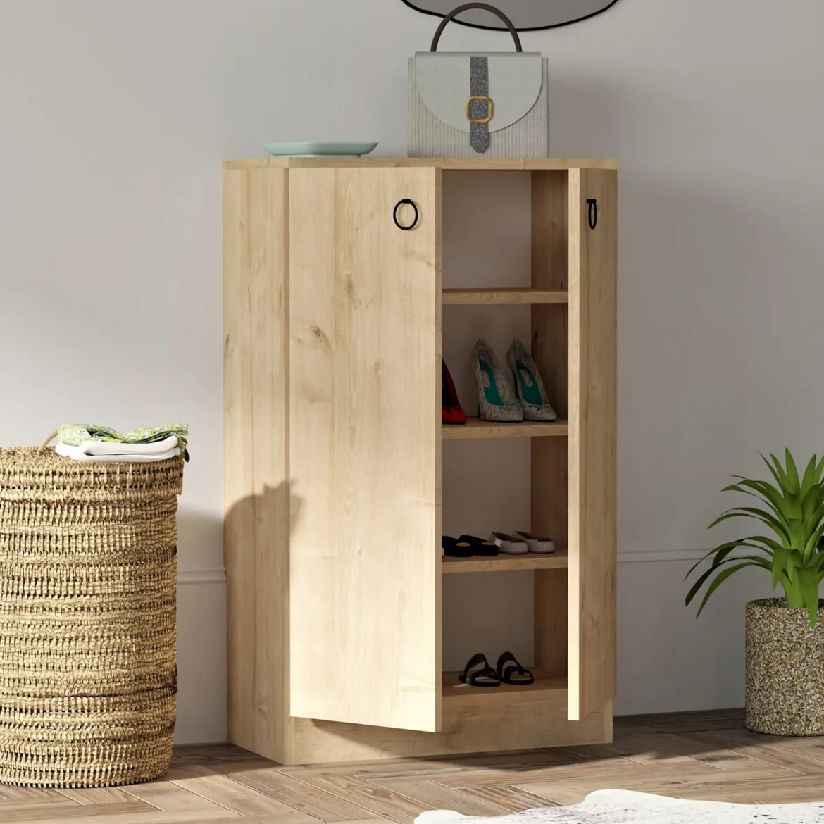 Scarpiera Marrone Olmo 3 Ripiani 2 Ante 60x32x100h cm, 4 Vani - Piario