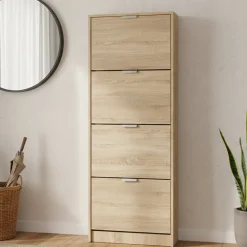 Scarpiera Marrone Rovere Chiaro un Ripiano 4 Ante 58x18x155.5h cm, kit Fissaggio a Muro Incluso - Pesche